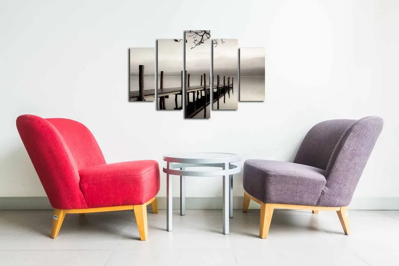 Canvastavla i 5 delar 82x50 cm - Stillhet vid en brygga i dimma - Grå / Svart / Vit - Inredning - Tavlor & posters - Canvastavla