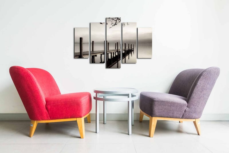 Canvastavla i 5 delar 82x50 cm - Stillhet vid en brygga i dimma - Grå / Svart / Vit - Inredning - Tavlor & posters - Canvastavla