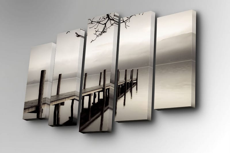 Canvastavla i 5 delar 82x50 cm - Stillhet vid en brygga i dimma - Grå / Svart / Vit - Inredning - Tavlor & posters - Canvastavla