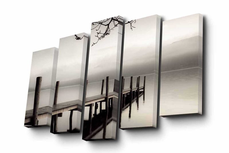 Canvastavla i 5 delar 82x50 cm - Stillhet vid en brygga i dimma - Grå / Svart / Vit - Inredning - Tavlor & posters - Canvastavla