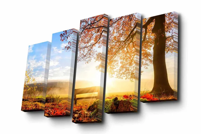 Canvastavla i 5 delar 82x50 cm - Vacker höstlandskap med färgglada träd och solnedgång - Orange / Gult / Blått - Inredning - Tavlor & posters - Canvastavla