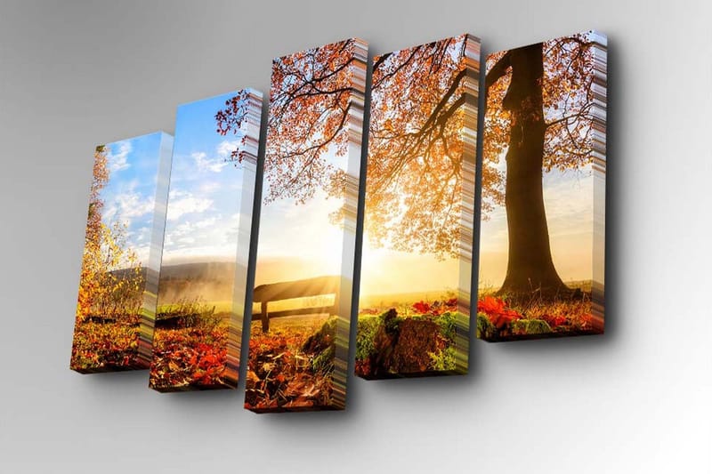 Canvastavla i 5 delar 82x50 cm - Vacker höstlandskap med färgglada träd och solnedgång - Orange / Gult / Blått - Inredning - Tavlor & posters - Canvastavla