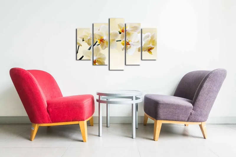 Canvastavla i 5 delar 82x50 cm - Vacker orkidé i mjuka nyanser - Vit / Gul - Inredning - Tavlor & posters - Canvastavla