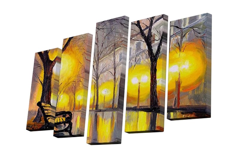 Canvastavla i 5 delar 82x50 cm - Vacker stadspark med en bänk under guldgula lampor och nakna träd - Guldgul / Svart / Grå - Inredning - Tavlor & posters - Canvastavla