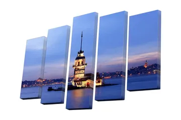 Canvastavla i 5 delar 82x50 cm - Vacker utsikt över en historisk fyr vid havet i skymningen - Blå / Vit / Orange - Inredning - Tavlor & posters - Canvastavla