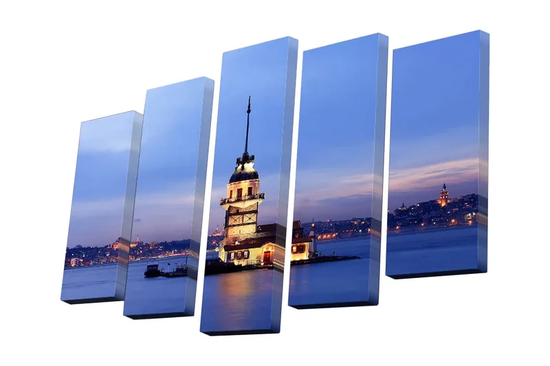 Canvastavla i 5 delar 82x50 cm - Vacker utsikt över en historisk fyr vid havet i skymningen - Blå / Vit / Orange - Inredning - Tavlor & posters - Canvastavla