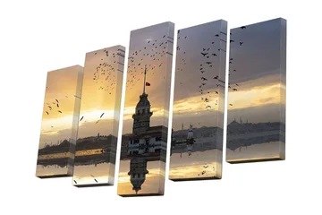 Canvastavla i 5 delar 82x50 cm - Vacker vy av ett historiskt torn vid solnedgången med fåglar som flyger över vattnet - Guld / Blå / Grå - Inredning - Tavlor & posters - Canvastavla