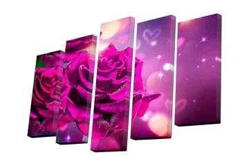 Canvastavla i 5 delar 82x50 cm - Vackra rosa blommor med glittrande detaljer - Lila / Rosa / Grönt - Inredning - Tavlor & posters - Canvastavla