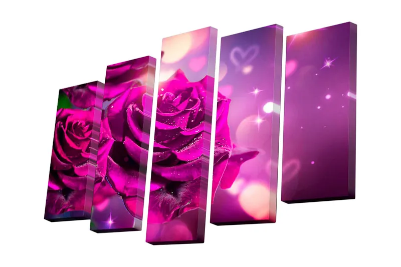 Canvastavla i 5 delar 82x50 cm - Vackra rosa blommor med glittrande detaljer - Lila / Rosa / Grönt - Inredning - Tavlor & posters - Canvastavla