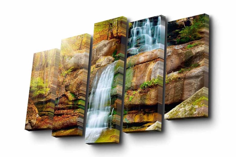 Canvastavla i 5 delar 82x50 cm - Vattenfall som rinner ner för klippor omgivna av höstfärgad vegetation - Grön / Orange / Brun - Inredning - Tavlor & posters - Canvastavla