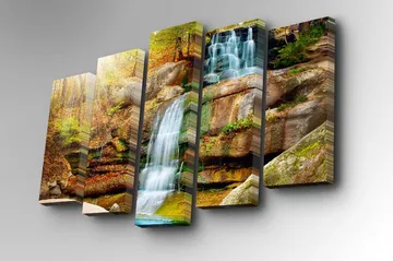 Canvastavla i 5 delar 82x50 cm - Vattenfall som rinner ner för klippor omgivna av höstfärgad vegetation - Grön / Orange / Brun - Inredning - Tavlor & posters - Canvastavla