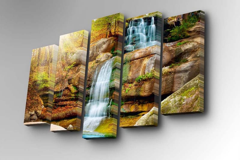 Canvastavla i 5 delar 82x50 cm - Vattenfall som rinner ner för klippor omgivna av höstfärgad vegetation - Grön / Orange / Brun - Inredning - Tavlor & posters - Canvastavla