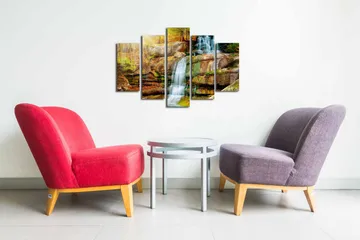 Canvastavla i 5 delar 82x50 cm - Vattenfall som rinner ner för klippor omgivna av höstfärgad vegetation - Grön / Orange / Brun - Inredning - Tavlor & posters - Canvastavla