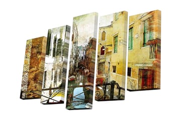 Canvastavla i 5 delar 82x50 cm - Venedigskanal med färgglada byggnader och båtar - Gult / Brunt / Grönt - Inredning - Tavlor & posters - Canvastavla