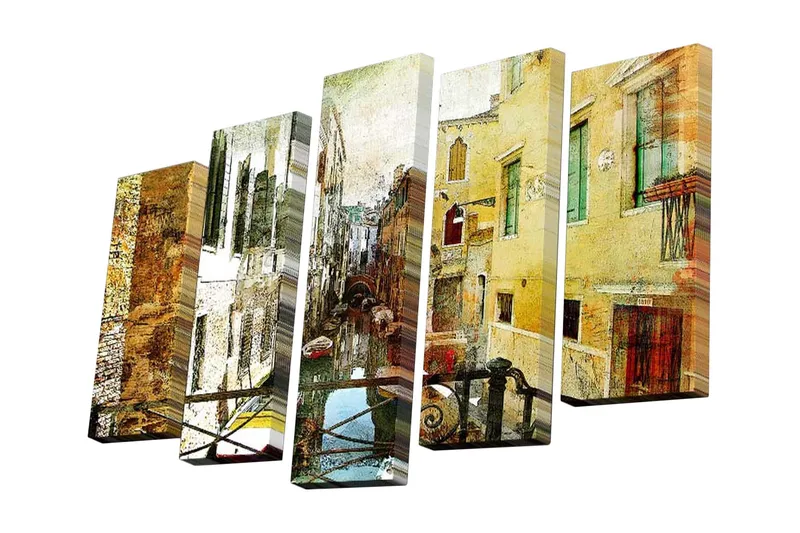 Canvastavla i 5 delar 82x50 cm - Venedigskanal med färgglada byggnader och båtar - Gult / Brunt / Grönt - Inredning - Tavlor & posters - Canvastavla