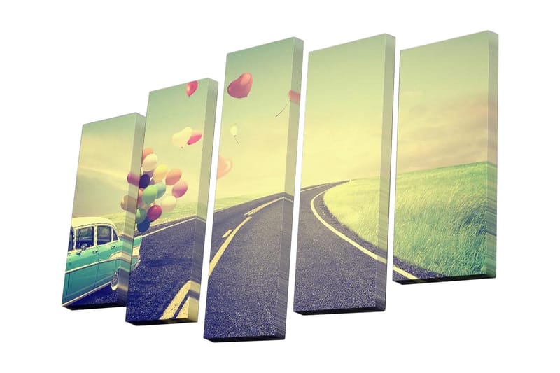Canvastavla i 5 delar 82x50 cm - Vintage bil på en kurvig väg med färgglada ballonger som sväva i luften - Grön / Blå / Rosa - Inredning - Tavlor & posters - Canvastavla