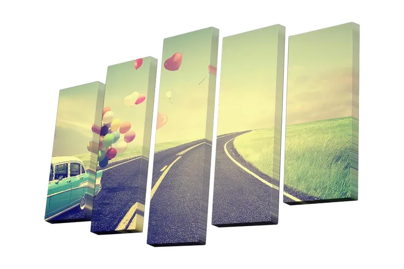 Canvastavla i 5 delar 82x50 cm - Vintage bil på en kurvig väg med färgglada ballonger som sväva i luften - Grön / Blå / Rosa - Inredning - Tavlor & posters - Canvastavla