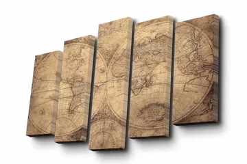 Canvastavla i 5 delar 82x50 cm - Vintage världskarta med detaljerade konturer och koordinater - Beige / Brun - Inredning - Tavlor & posters - Canvastavla