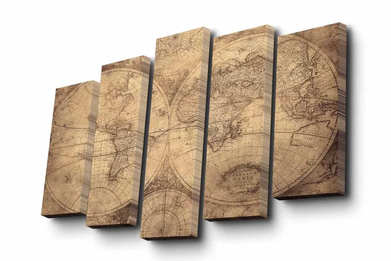 Canvastavla i 5 delar 82x50 cm - Vintage världskarta med detaljerade konturer och koordinater - Beige / Brun - Inredning - Tavlor & posters - Canvastavla