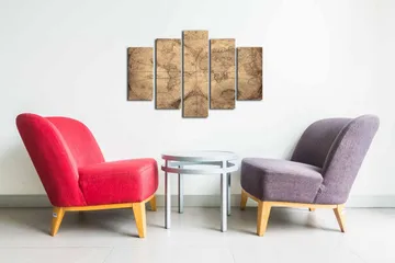 Canvastavla i 5 delar 82x50 cm - Vintage världskarta med detaljerade konturer och koordinater - Beige / Brun - Inredning - Tavlor & posters - Canvastavla