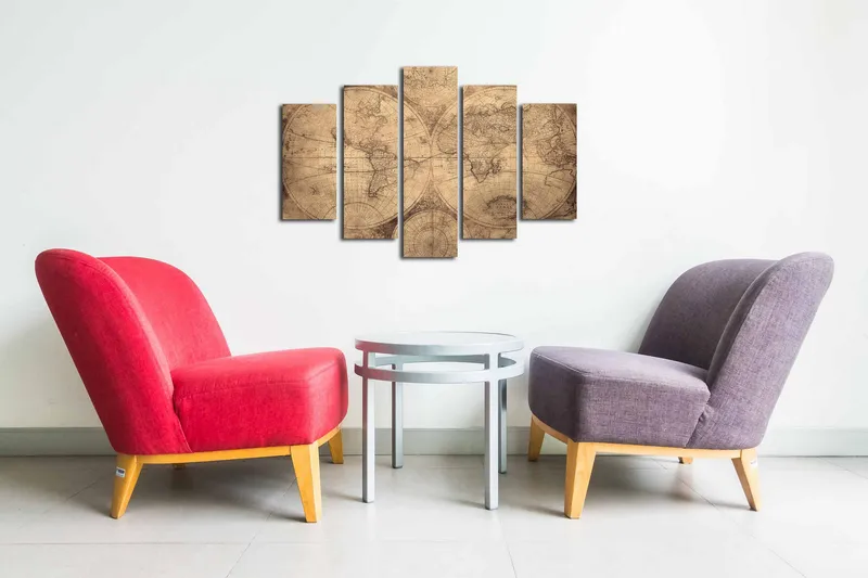 Canvastavla i 5 delar 82x50 cm - Vintage världskarta med detaljerade konturer och koordinater - Beige / Brun - Inredning - Tavlor & posters - Canvastavla