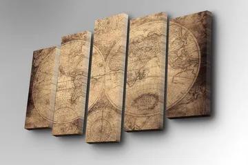 Canvastavla i 5 delar 82x50 cm - Vintage världskarta med detaljerade konturer och koordinater - Beige / Brun - Inredning - Tavlor & posters - Canvastavla