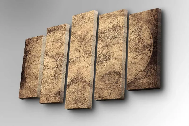 Canvastavla i 5 delar 82x50 cm - Vintage världskarta med detaljerade konturer och koordinater - Beige / Brun - Inredning - Tavlor & posters - Canvastavla