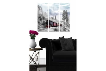 Canvastavla i trä 3-delar 50x70 cm - Ångtåg som passerar genom en vintrig skogsmiljö - Svart / Röd / Grå - Inredning - Tavlor & posters - Canvastavla