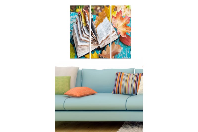 Canvastavla i trä 3-delar 50x70 cm - Öppen bok omgiven av höstlöv på en färgglad bakgrund, Orange / Grön / Blå