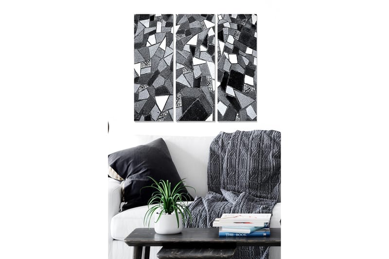 Canvastavla i trä 3-delar 50x70 cm - Abstrakt komposition av geometriska former i svart och vitt, Svart / Vitt / Grått