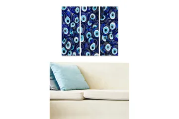 Canvastavla i trä 3-delar 50x70 cm - Abstrakt komposition med ögonliknande former - Mörkblå / Ljusblå / Vit - Inredning - Tavlor & posters - Canvastavla