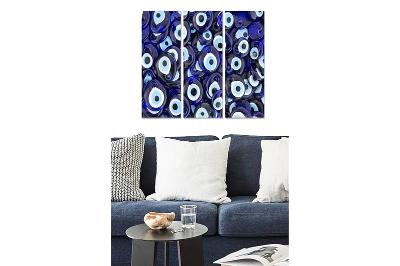 Canvastavla i trä 3-delar 50x70 cm - Abstrakt komposition med ögonmotiv, Mörkblå / Ljusblå / Vit