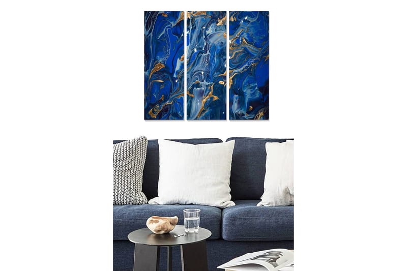 Canvastavla i trä 3-delar 50x70 cm - Abstrakt komposition med blå och gyllene mönster, Mörkblå / Gyllene / Ljusblå