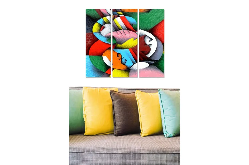 Canvastavla i trä 3-delar 50x70 cm - Abstrakt komposition med cirklar och former i starka färger, Röd / Grön / Blå