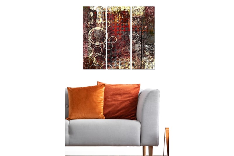 Canvastavla i trä 3-delar 50x70 cm - Abstrakt komposition med cirkulära former - Röd / Brun / Guld - Inredning - Tavlor & posters - Canvastavla