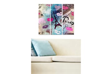 Canvastavla i trä 3-delar 50x70 cm - Abstrakt komposition med Eiffeltornet och läppstiftsavtryck - Rosa / Blå / Lila - Inredning - Tavlor & posters - Canvastavla