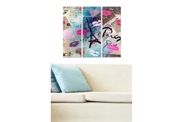 Canvastavla i trä 3-delar 50x70 cm - Abstrakt komposition med Eiffeltornet och läppstiftsavtryck - Rosa / Blå / Lila - Inredning - Tavlor & posters - Canvastavla