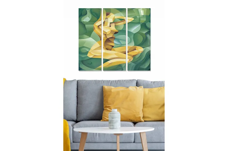 Canvastavla i trä 3-delar 50x70 cm - Abstrakt komposition med en stiliserad mänsklig figur, Grön / Gul / Ljusblå