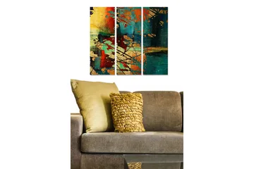 Canvastavla i trä 3-delar 50x70 cm - Abstrakt komposition med färgglada former och mönster - Mörkgrön / Röd / Guld - Inredning - Tavlor & posters - Canvastavla