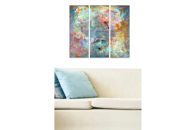 Canvastavla i trä 3-delar 50x70 cm - Abstrakt komposition med färgglada mönster och texturer, Turkos / Orange / Rosa