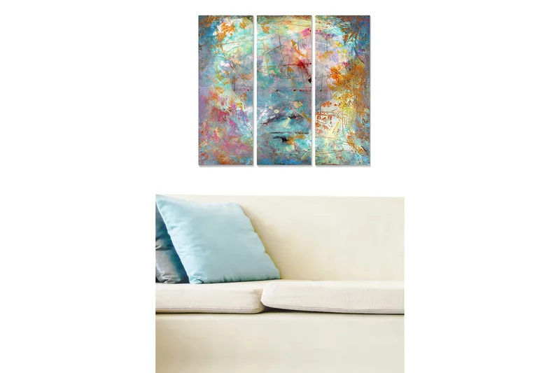 Canvastavla i trä 3-delar 50x70 cm - Abstrakt komposition med färgglada mönster och texturer, Turkos / Orange / Rosa