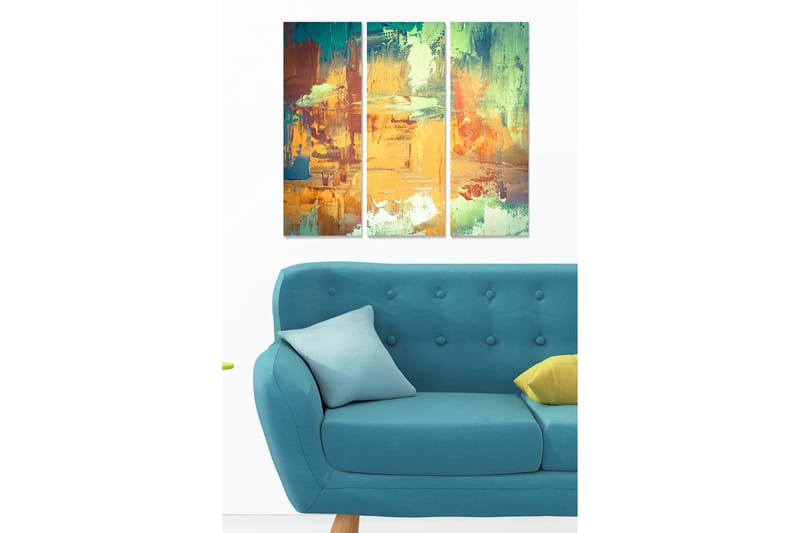Canvastavla i trä 3-delar 50x70 cm - Abstrakt komposition med färgglada penseldrag, Orange / Grön / Blå