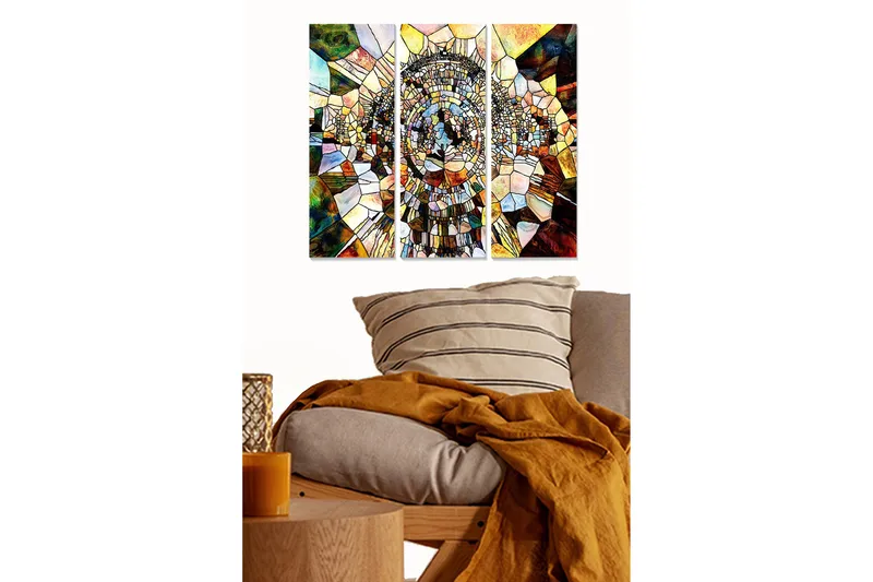 Canvastavla i trä 3-delar 50x70 cm - Abstrakt komposition med geometriska former i en spiralstruktur, Guld / Brunt / Grönt