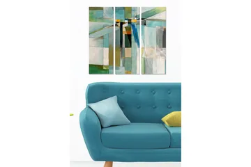 Canvastavla i trä 3-delar 50x70 cm - Abstrakt komposition med geometriska former i olika nyanser - Turkos / Grön / Vit - Inredning - Tavlor & posters - Canvastavla
