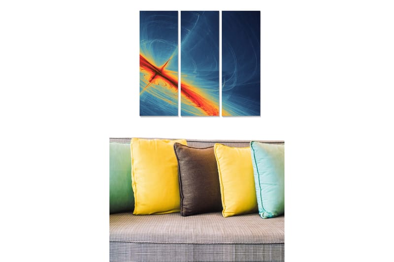 Canvastavla i trä 3-delar 50x70 cm - Abstrakt komposition med ljusa färger och dynamiska linjer, Mörkblå / Orange / Gul