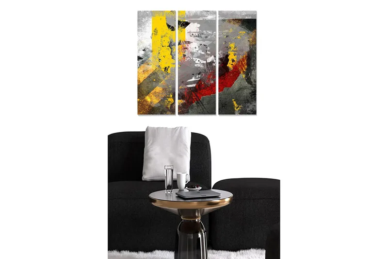 Canvastavla i trä 3-delar 50x70 cm - Abstrakt komposition med starka färger och texturer, Gult / Rött / Grått