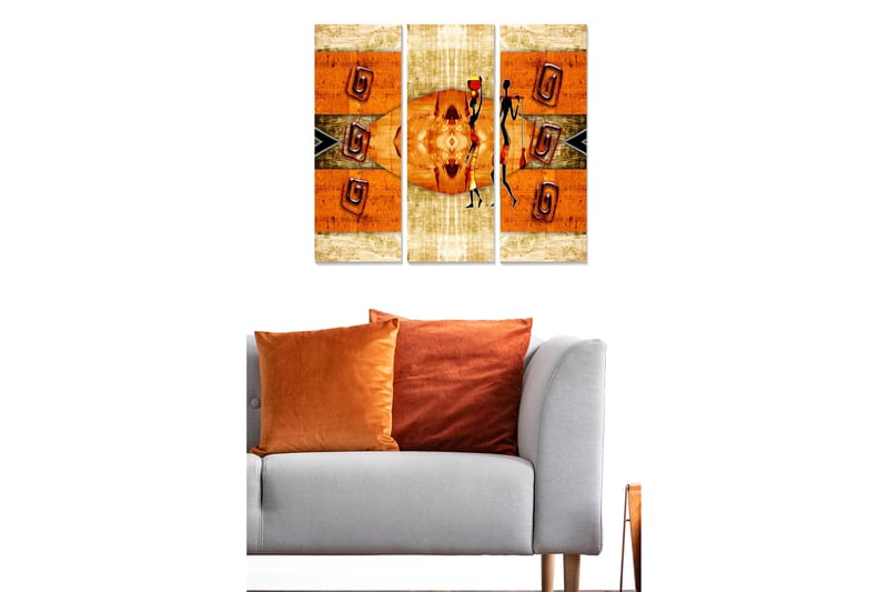 Canvastavla i trä 3-delar 50x70 cm - Abstrakt komposition med stiliserade figurer och geometriska mönster - Orange / Svart / Beige - Inredning - Tavlor & posters - Canvastavla