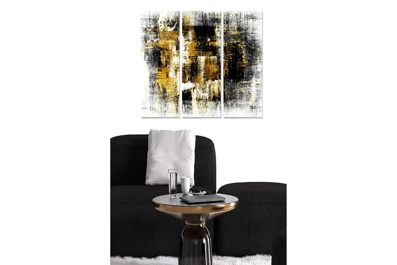 Canvastavla i trä 3-delar 50x70 cm - Abstrakt komposition med svarta och gyllene inslag, Svart / Guld / Vit