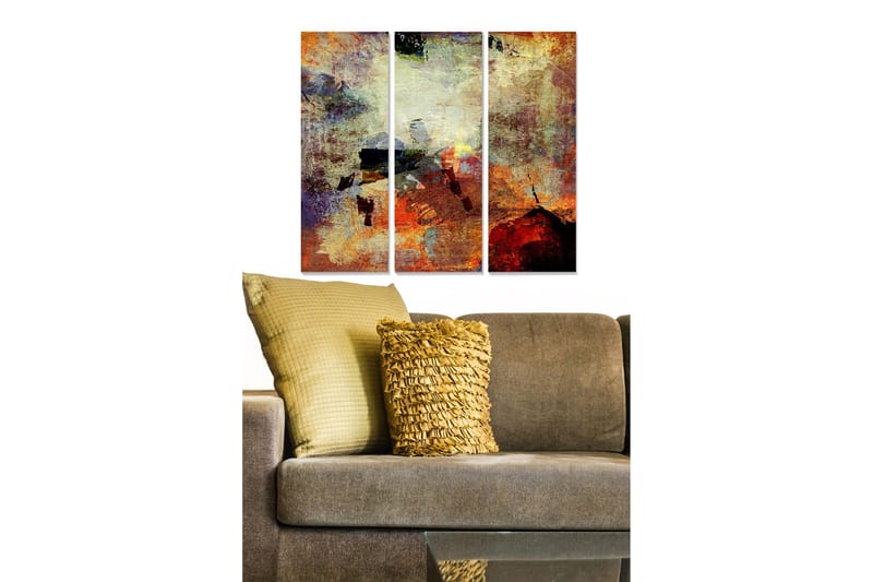 Canvastavla i trä 3-delar 50x70 cm - Abstrakt komposition med varma färger och texturer, Röd / Orange / Gul