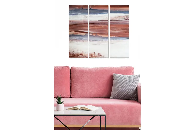 Canvastavla i trä 3-delar 50x70 cm - Abstrakt landskap med jordnära toner, Terrakotta / Blå / Vit